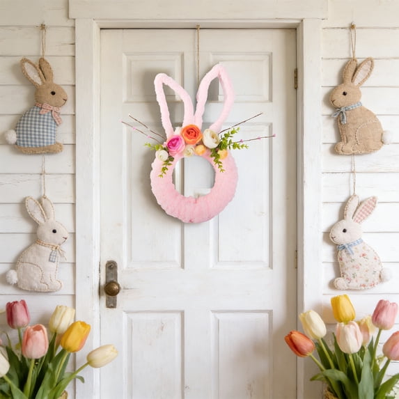 Xecvkr Easter Bunny Shaped Wreath Suitable for Front Door Hanging Window Display Or General Easter Spring Decoration Features Bunny Ear Pink