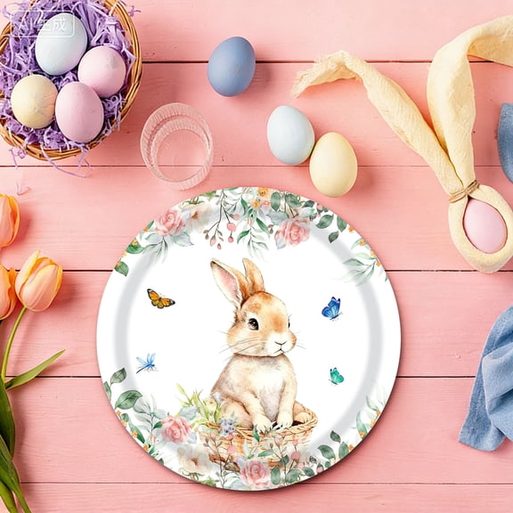 Xecvkr Easter Party Tableware Set Disposable Bunny Spring Floral Plates Napkins Cups Complete Bulk Pack for Holiday Birthday Kids Shower 1set