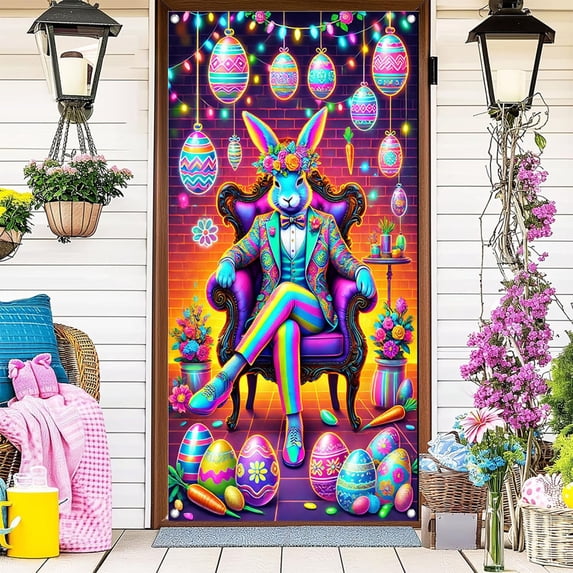 Xecvkr Easter Wreath Door Hanging Cloth Flag Front Door Cover Decorative Realistic Flower Pattern Spring Holiday House Indoor Outdoor Decoration 1 Piece