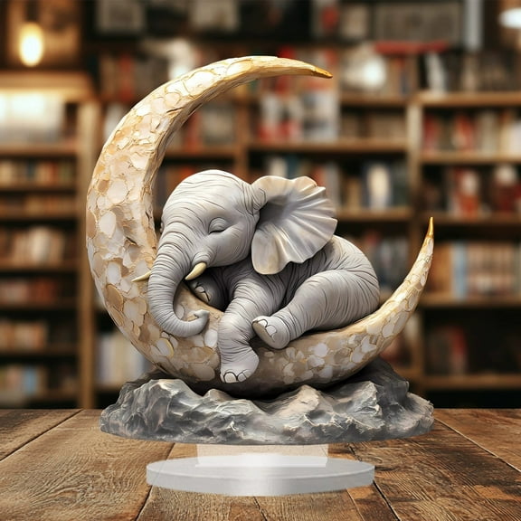 Xecvkr Elephant Moon Sleeping Table Ornament Home Bedroom Living Room Nightstand Cute Peaceful Animal Decor Whimsical Zen Centerpiece Quality Acrylic Figure 1 Pack