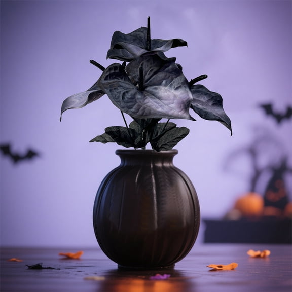 Xecvkr Fake Flowers Anthurium Halloween Bouquet Artificial Five-Headed Flower Arrangement Table Decor Faux Plants for Home Party Decoration 1pc Black