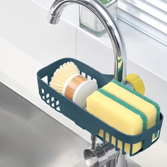 Xecvkr Faucet Shelf Kitchen Sink Organizer Drainage Rack Dishwashing Cloth Holder Sponge Tray Space Saving Plastic Compact Efficient Blue Gray Pink 9.84x3.94x1.97in 1 Pack