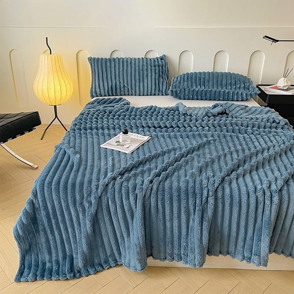 Xecvkr Flannel Fleece Throw Blanket Soft Breathable Ribbed Texture Cozy All Season Lightweight Striped Nap Couch Sofa Bed Decorative Travel Gift Single Pack Blue