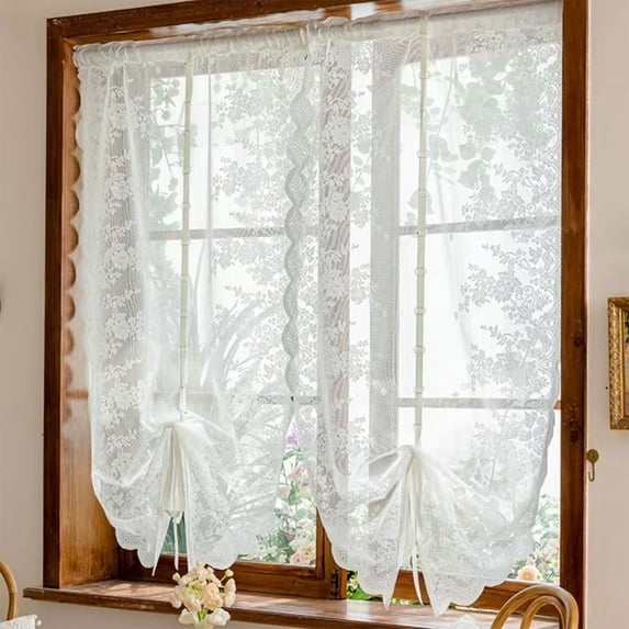 Xecvkr Floral Curtain Double Layer Sheer Rod Lace Bedroom Kitchen Living Room Window Divider Light Filtering Backdrop 1 Piece White