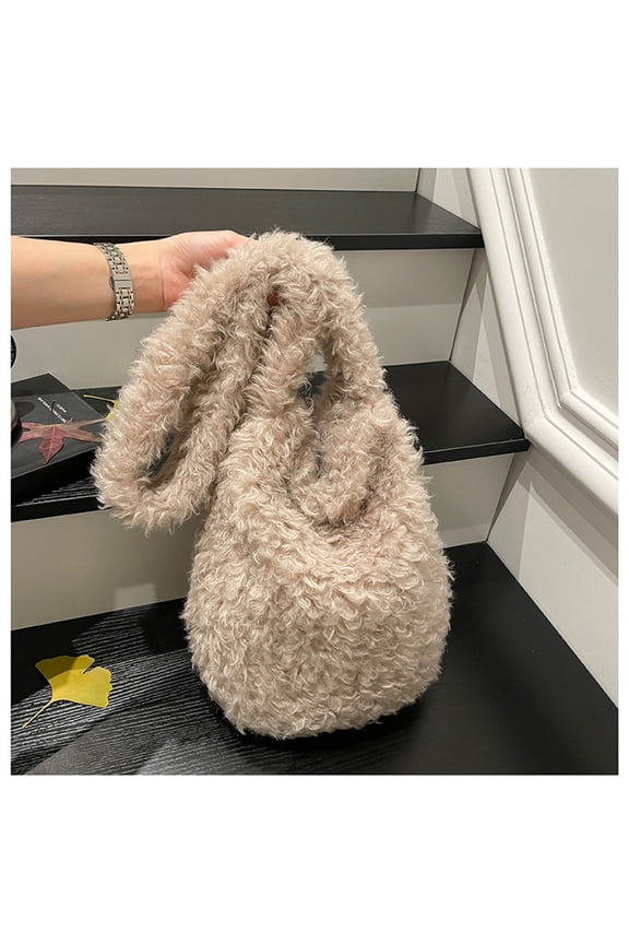 Fuzzy Tote Bag Faux Fur Soft Bunny Ear Shoulder Crossbody Cute Large Capacity Winter Purse Portable Lightweight for Women Shopping Yoga Daily Work 1 Pack Khaki