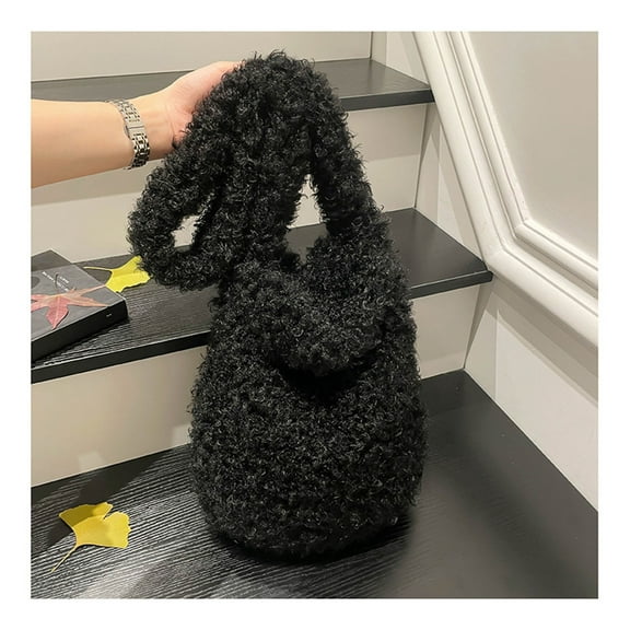 Xecvkr Fuzzy Tote Bag Faux Fur Soft Bunny Ear Shoulder Crossbody Cute Large Capacity Winter Purse Portable Lightweight for Women Shopping Yoga Daily Work 1 Pack Black