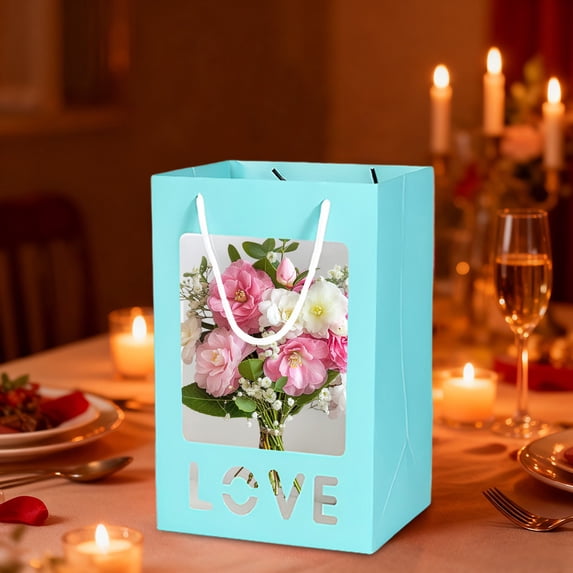 Xecvkr Gift Bag with Transparent Window Flower Tote Classic Christmas Motif Sturdy Paper Durable Rope Handle Reusable Large Capacity Weddings Holidays 7.09x5.12x9.84in Single Pack