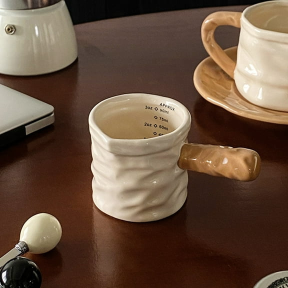 Xecvkr Graduated Coffee Milk Ceramic Measuring Pot Espresso Extraction Cup Cute Handle Transparent Scale Multi-Purpose Durable Easy Clean 1 Pack Beige