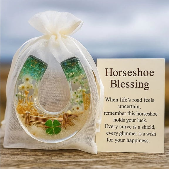 Xecvkr Horseshoe Pocket Blessing Gift Card Luck Love Sympathy Handcrafted Golden Sand Wildflowers Four Leaf Clover Message Keepsake Bright Future Single 