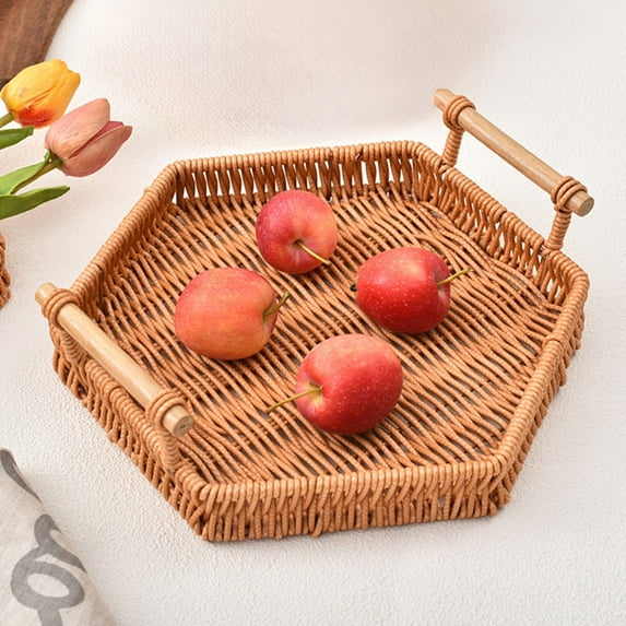 Xecvkr Imitation Rattan Storage Basket Multi-Functional Round Kitchen Living Room Fruit Vegetable Organizer with Handles 1 Piece L
