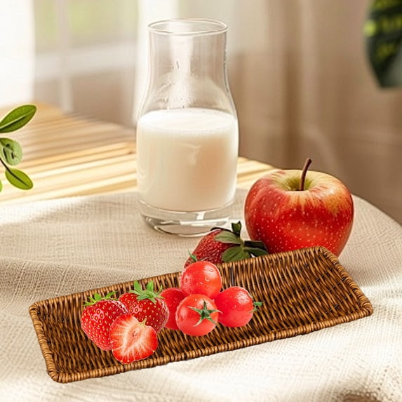 Xecvkr Imitation Woven Long Fruit Snack Tray Rectangular Display Basket Plastic Organizer for Fruit Bread Vegetables Baked Goods Storage 1pc Brown