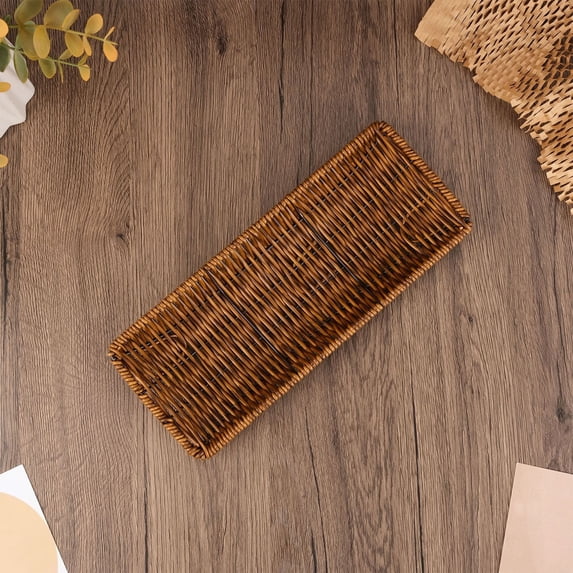 Xecvkr Imitation Woven Long Fruit Snack Tray Rectangular Display Basket Plastic Organizer for Fruit Bread Vegetables Baked Goods Storage 1pc Brown