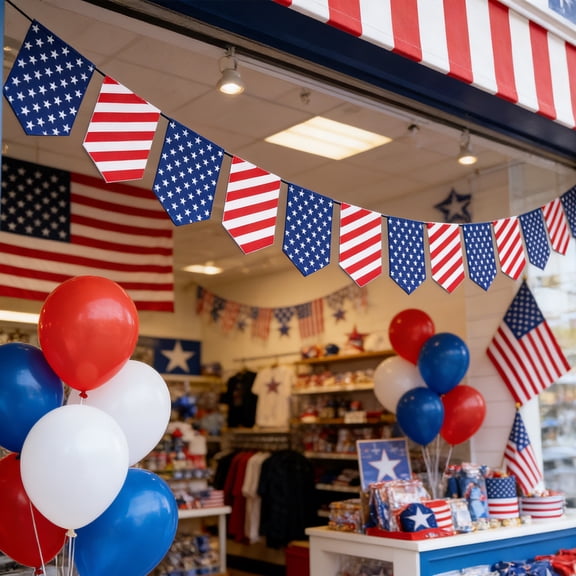 Xecvkr Independence Day Party Bunting Banner Paper Flag Streamers Red White Blue Star Stripe Hanging Decor Patriotic Event Garland Festive Home Shop Window Decoration