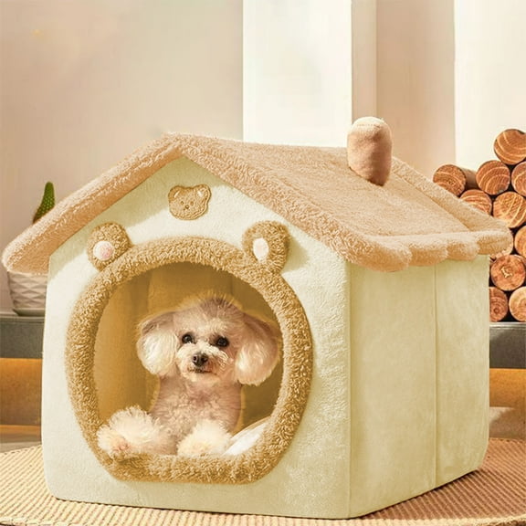 Xecvkr Indoor Foldable Soft Pet Dog House with Cushion, Warm Kennel Bed for Small Medium Cats, Portable Puppy Cave, Brown