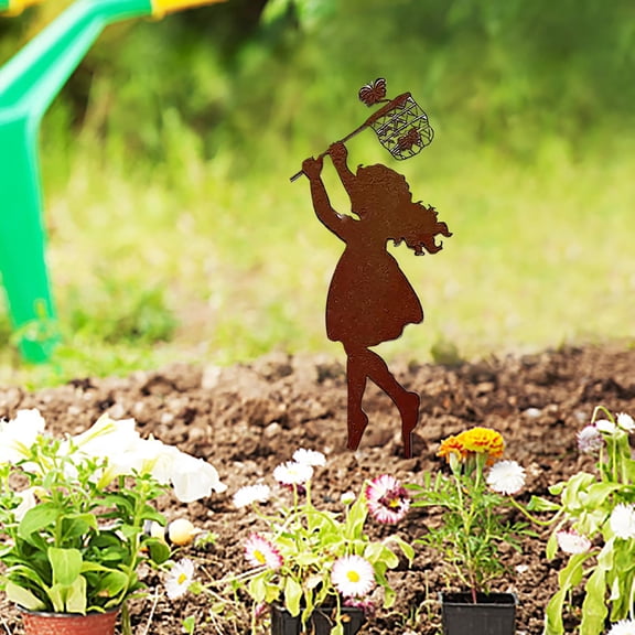 Xecvkr Iron Garden Yard Sculpture Boy Girl Statue Stake Rustproof Lifelike Child Catching Butterfly Outdoor Patio Planter Pot Durable Decorative Gift 1pc
