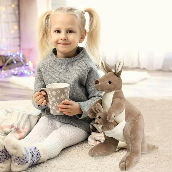 Xecvkr Kangaroo Plush Toy with Kids in Pouch Super Soft Cuddly Doll for Children Bedtime Companion and Educational Animal Role Play Fun