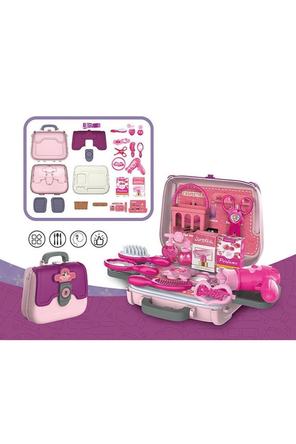 Kids Makeup Toy Set Pretend Play Cosmetic Bag with Mirror Comb Hair Dryer Lipstick Dress up Role Play Educational Gift for Girls Age 4-12 Years 19.5x7.5x18.5cm