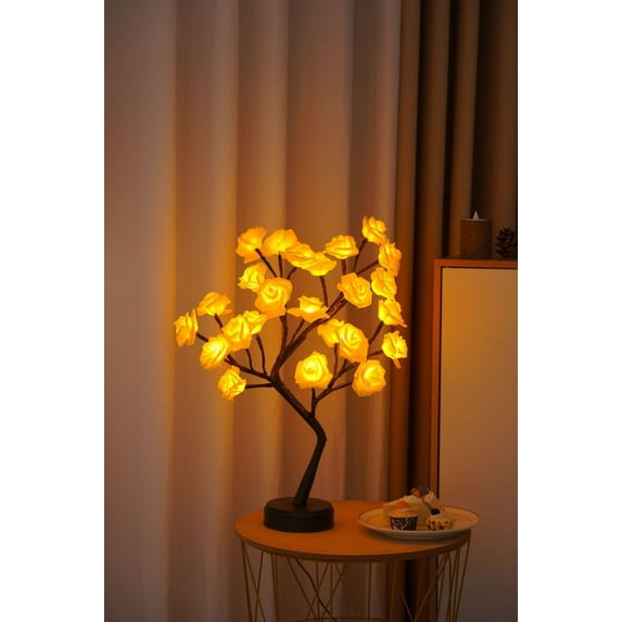 Xecvkr LED Rose Tree Lamp with 24 Flowers, Battery or USB Powered, Adjustable Branches, Warm White Light, for Home Decoration, Gift, Party, Night Light