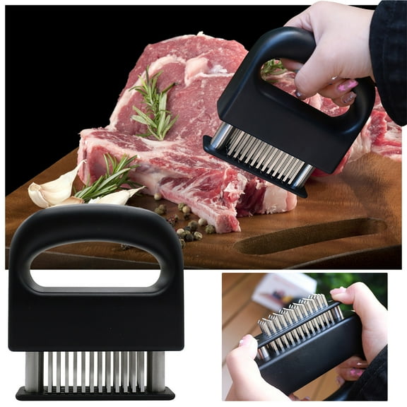 Xecvkr Meat Tenderizer 48 Needle Stainless Steel Hand Tool Locking Protective Cover Ergonomic Handle Steaks Pork Marinade Infuser Quick Hammer for Kitchen 1 Piece and Brush