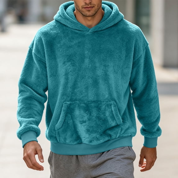Xecvkr Mens Fuzzy Pullover Hoodie Loose Cozy Athletic Sweatshirts Winter Thick Long Sleeve Warm Hoodies with Pocket Soft Workout Comfy Top Sky Blue XL
