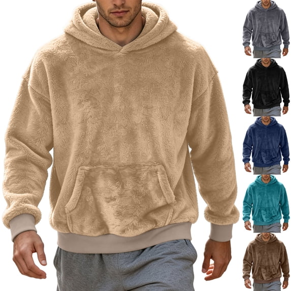 Xecvkr Mens Fuzzy Pullover Hoodie Loose Cozy Athletic Sweatshirts Winter Thick Long Sleeve Warm Hoodies with Pocket Soft Workout Comfy Top Black L