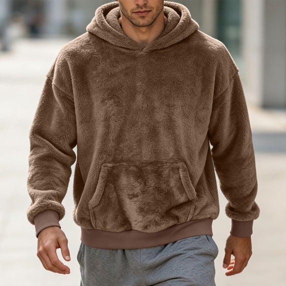 Xecvkr Mens Fuzzy Pullover Hoodie Loose Cozy Athletic Sweatshirts Winter Thick Long Sleeve Warm Hoodies with Pocket Soft Workout Comfy Top Brown S