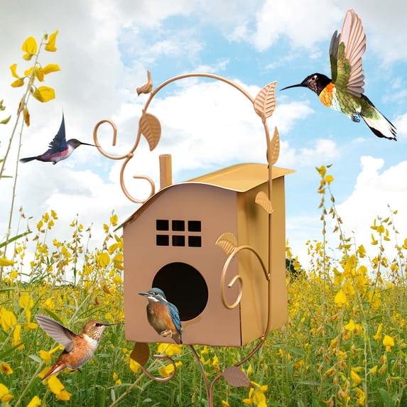 Xecvkr Metal Bird House Outdoor Garden Stake Durable Rustproof Home Patio Decorative Yard Gift DIY Assemble Easy Install for Backyard 1Pack