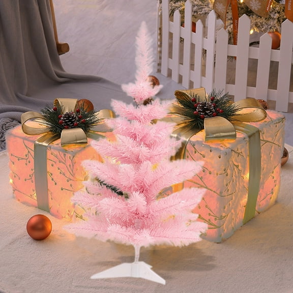 Xecvkr Mini Christmas Tree Flocked Needles Artificial 2ft Berries Flowers Kitchen Tabletop LED Stable Stand Pink No Assembly Fall Holiday Decor 23.62in 1pc