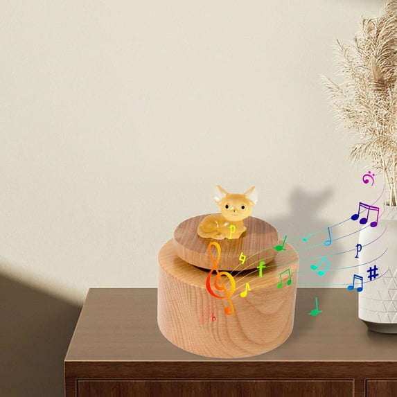 Xecvkr Mini Round Wooden Music Box with Rotating Top Glow in the Dark Cat Design Decorative Jewelry Box Musical Gift for Children Adults