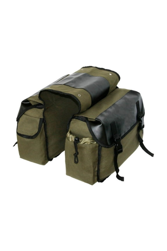 Motorcycle Saddle Bag Canvas Side tool Pouch Cycling Luggage Backpack upgraded Version Double Strap Leather Decor Large Capacity Durable Khaki Military Green 13x17in 1 Pack