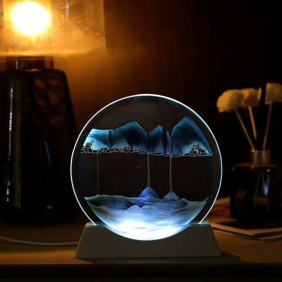 Xecvkr Moving Sand Art Table Lamp Decor USB Liquid Motion Round Glass Flowing Sand Frame 3 Light Modes Relax Natural Warm White Bedside Sleep Stress Relief 7.48x7.08in 1pc
