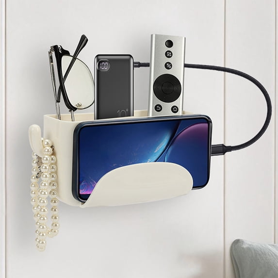 Xecvkr Multipurpose No Punch Storage Rack with Hooks Phone Charging Stand Remote Control Cosmetics Holder Wall Mounted Organizer 1 Pack White