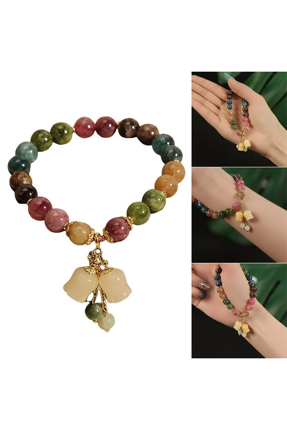 Natural Colored Suzuran Flower Pendant Bracelet Chalcedony Orchid Adjustable String Unique Double Clamp Durable Handcrafted Women Girlfriend Gift No Box Colorful 1pc