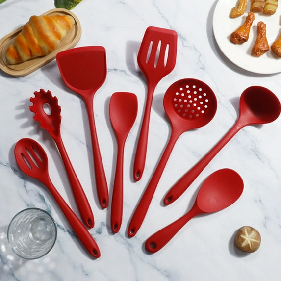 Xecvkr Nylon Kitchen Utensil Set 8-Piece Non-stick Pot Cookware Cooking Spoon Colander Ladle Red Soft Grip Handle Heat Resistant Dishwasher Safe Home Food Prep 4.3x13.2in