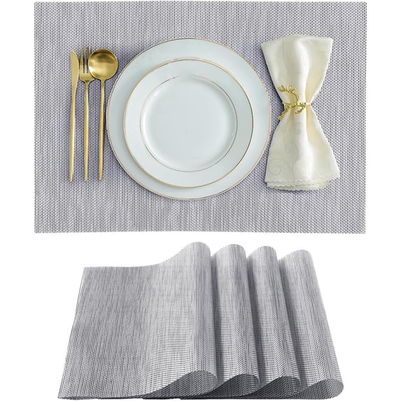 Xecvkr Placemats Set of 4 Heat Resistant NonSlip Washable Vinyl Table Mats Classic Woven Indoor Outdoor Kitchen Dining Protective Reusable Set 4Pack Silver