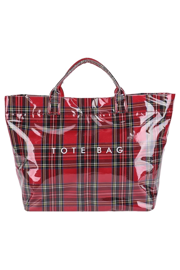 Plaid Tote Bag Letters Print Waterproof Shoulder Purse Large Capacity Shopping Christmas Festive Gift Hook and Loop Closure Multiuse 1 Pack Red