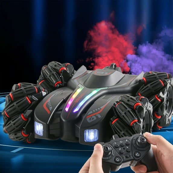 Xecvkr Remote Control Stunt Drift Car Double Spray 360 Rotation Four Wheel Drive with Light Music Double Sided 18x16.5x7cm Rechargeable Battery Included