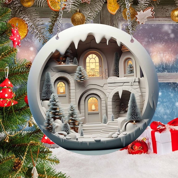 Xecvkr Round Acrylic Forest Snow House Christmas Hanging Ornament Holiday Wall Sign Double Sided Print Home Decor 7.87in 1pc
