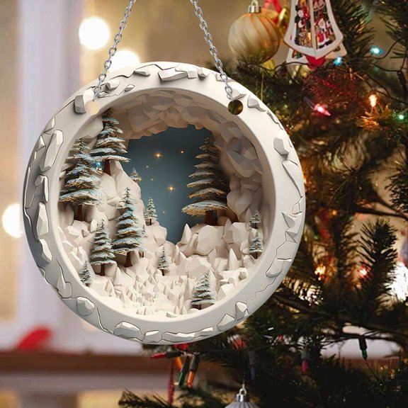 Xecvkr Round Acrylic Forest Snow House Christmas Hanging Ornament Holiday Wall Sign Double Sided Print Home Decor 7.87in 1pc