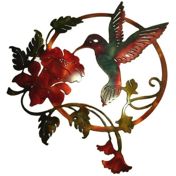 Xecvkr Round Metal Bird Wall Art Decoration Hummingbird Flowers Outdoor Indoor Iron Sculpture for Living Room Home Decor 25x25cm