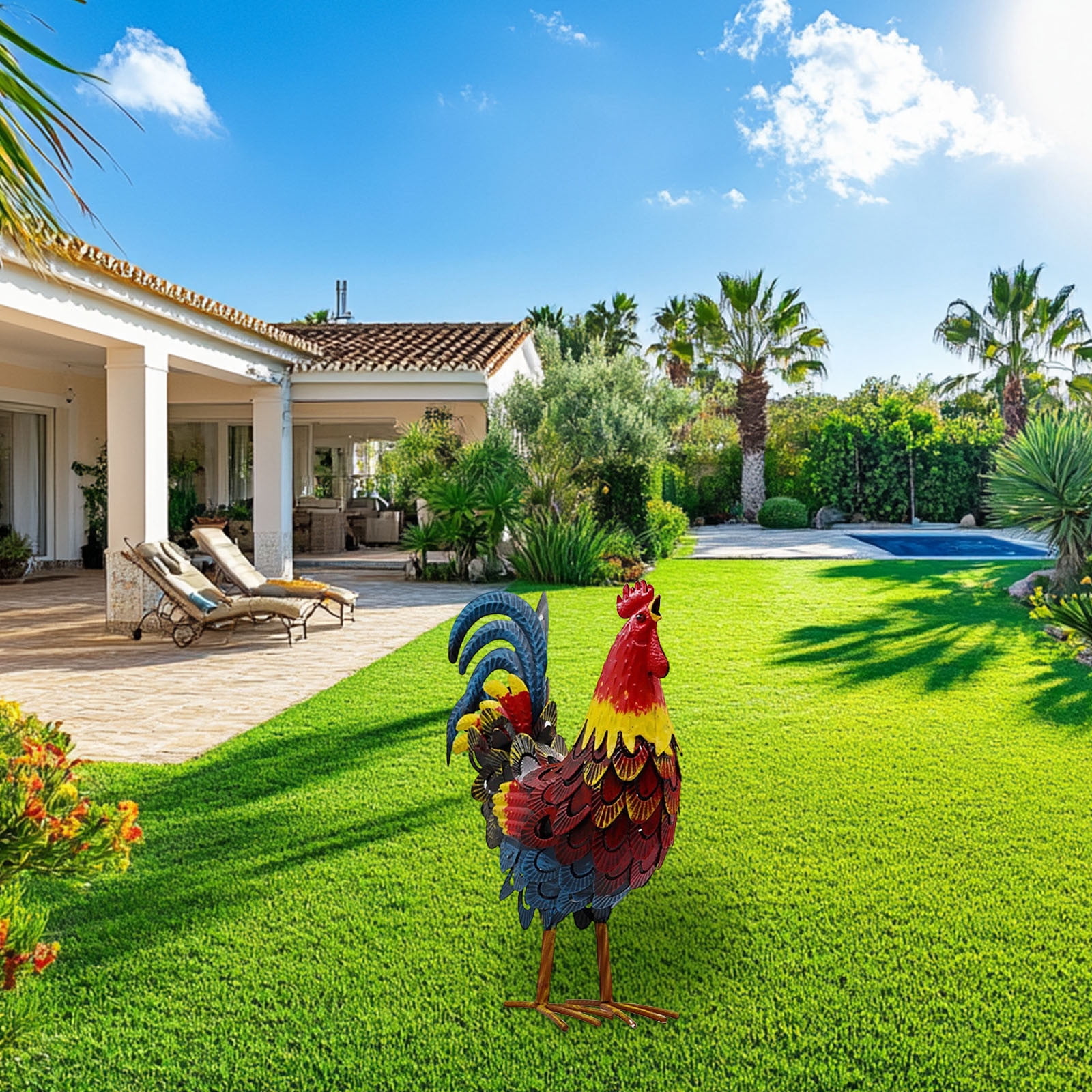Xecvkr Rustic Metal Rooster Garden Statue Hand Painted Iron Farm Outdoor Patio Lawn Decoration Vintage Weatherproof Whimsical Accent Focal Yard Art Durable 1 Piece