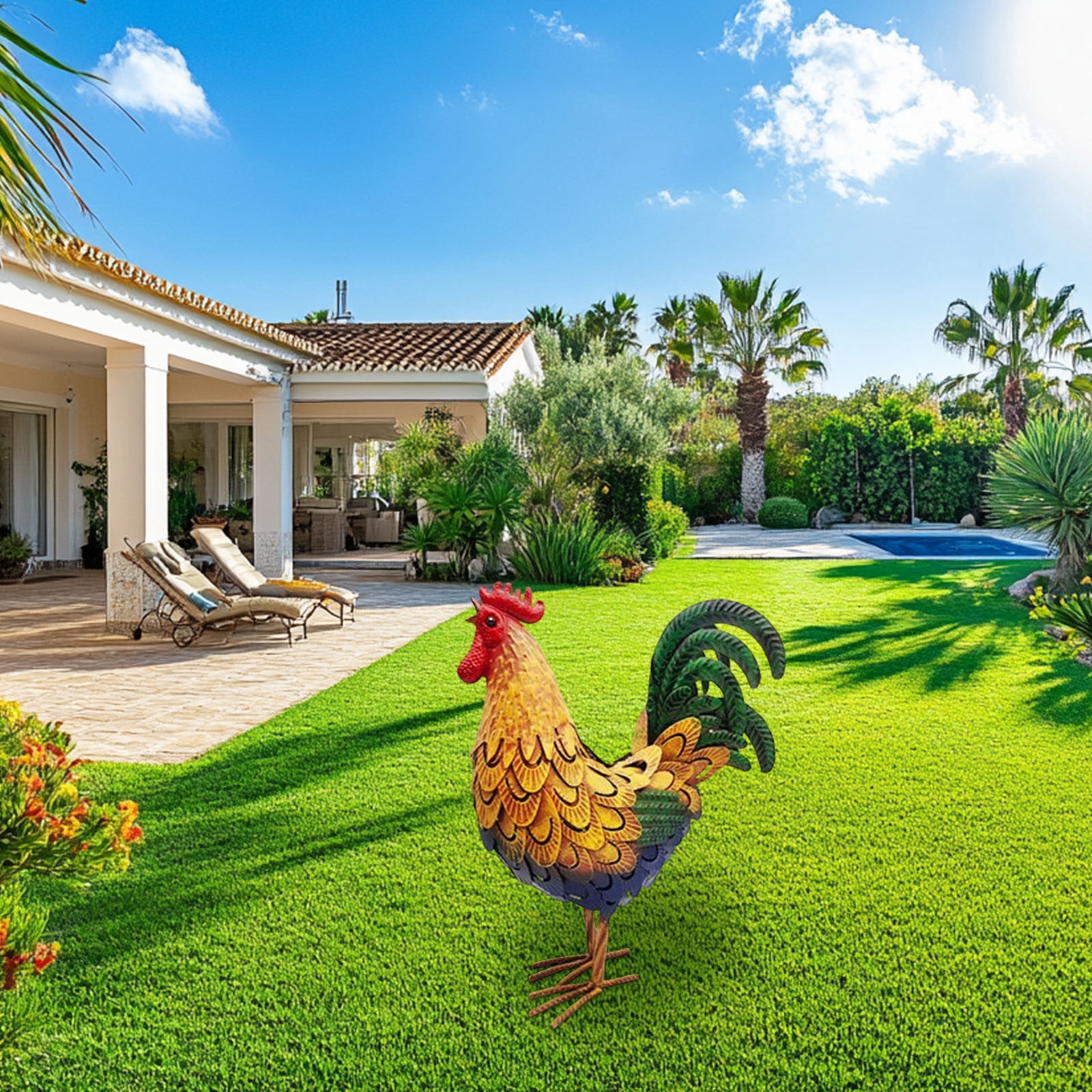 Xecvkr Rustic Metal Rooster Garden Statue Hand Painted Iron Farm Outdoor Patio Lawn Decoration Vintage Weatherproof Whimsical Accent Focal Yard Art Durable 1 Piece