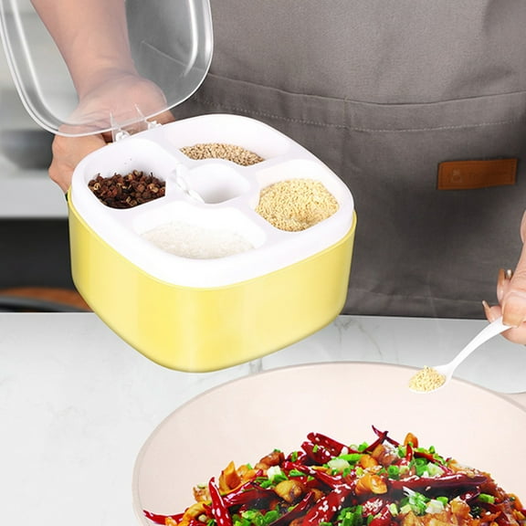 Xecvkr Seasoning Jar Four Compartment Transparent Organizer Divider Easy Grab Handle Compact Space Efficient Kitchen Spices Salt Sugar Storage 13.5x8.5cm 1 Pc