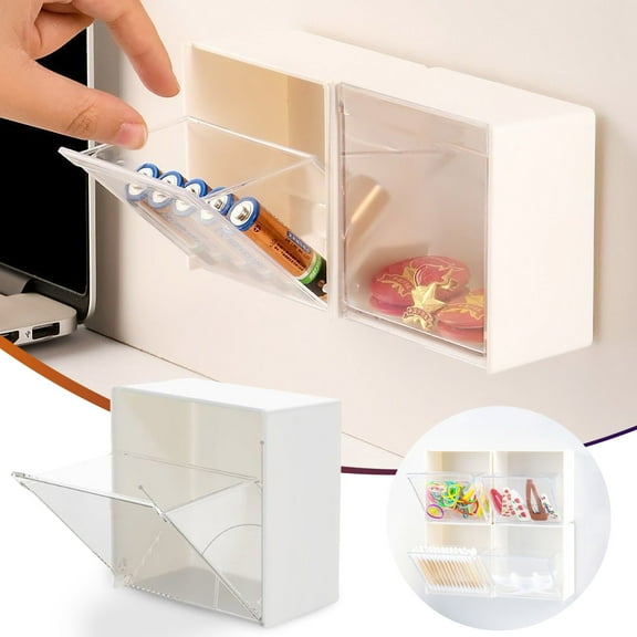 Xecvkr Self-adhesive Small Storage Box Wall Mounted Organizer Press Debris Rack White Transparent Panel Multipurpose HIPS+PS 8.5x4.6x8.5cm 1 Pack