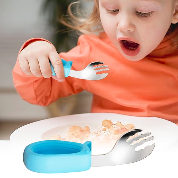Xecvkr Short Handle fork Spoon 316 Stainless Steel Elbow Training Children Learning Tableware Feeding Kids Compact Ergonomic Safe Home Nursery Self-Feeding 4.3x1.6in 1pc