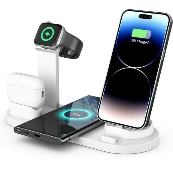 Xecvkr Six-in-One Wireless Charging Station 15W Fast Charger 360 Degree Rotating Watch Earbuds Desktop Stand 5 Coils White 23x9x6cm 1 Pack