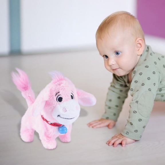 Xecvkr Soft Toys Walking Donkey Plush Toy Realistic Braying Sounds Interactive Electronic Moving Animal Farm Pet Educational Birthday Gift Pink