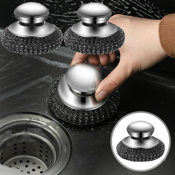 Xecvkr Stainless Steel Pot Brush with Handle Kitchen Cleaning Metal Pad Scrubber Removable Head Sturdy Multipurpose Cleaner for Stove Sink Pans 2 Pack