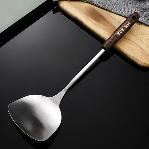 Xecvkr Stainless Steel Spatula with Wooden Handle 14.37x3.93in Metal Wok Cooking Utensil Curved Ergonomic Heat Resistant Kitchen Tool Hanging Hole Easy Clean Durable 1Pc