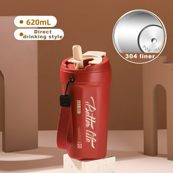 Xecvkr Stainless Steel Straw Water Cup 620ml Double Layer Carry Rope Coffee Cola Insulated Leakproof Portable Hot Cold Beverage Red Beige 7.2x3.4in 1 Pack